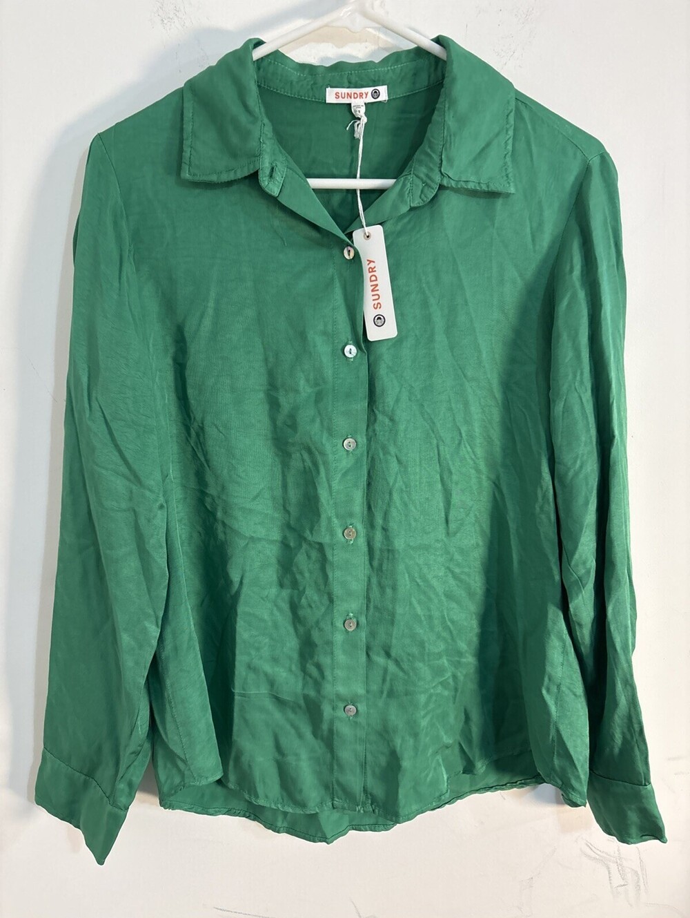SUNDRY Green Button Down Shirt Long Sleeve Blouse Small Collared Cotton NWT